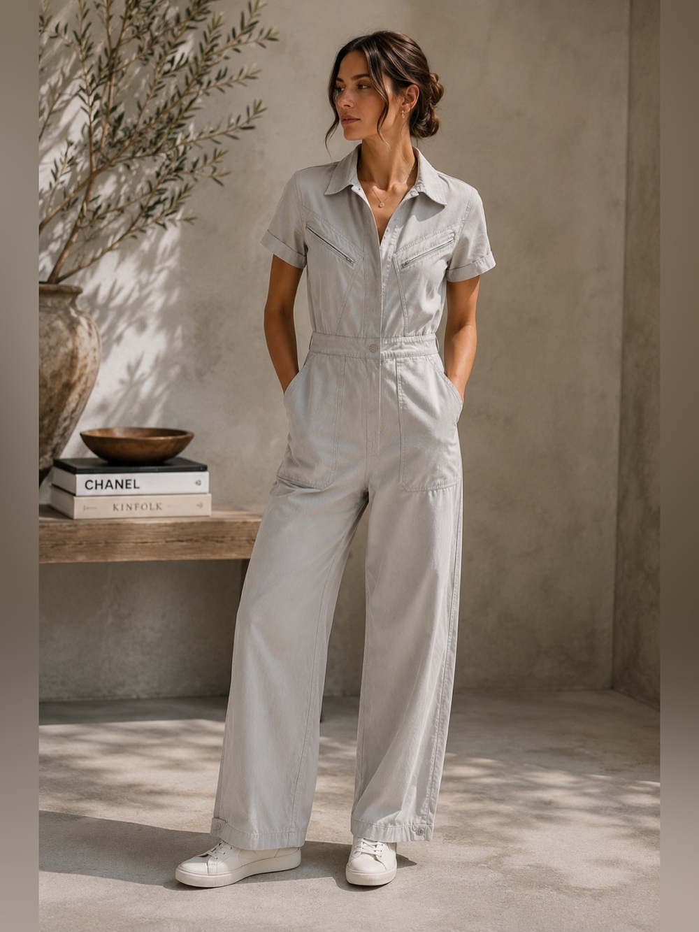 Zara Utility Jumpsuit XL Gray Cotton Wide Leg Cargo Zip Pocket One Piece